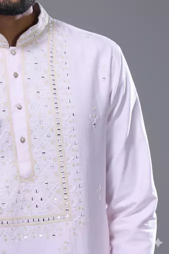 Powder pink silk straight embroidery, mirror pink silk embroidery, mirrors floral and work full sleeve kurta set