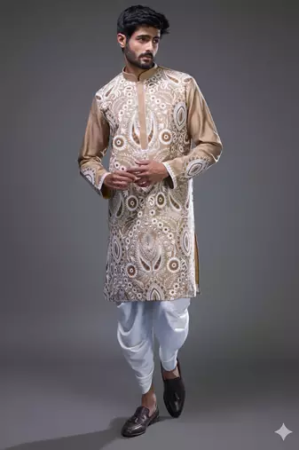 Beige silk straight embroidery beige silk embroidery garden kurta pant set