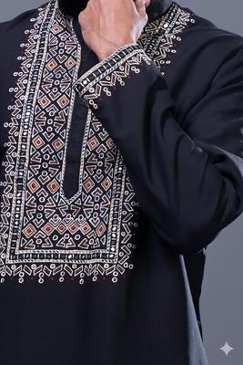 Black silk blend straight embroidery black silk blend embroidery geometric kurta pant set 4