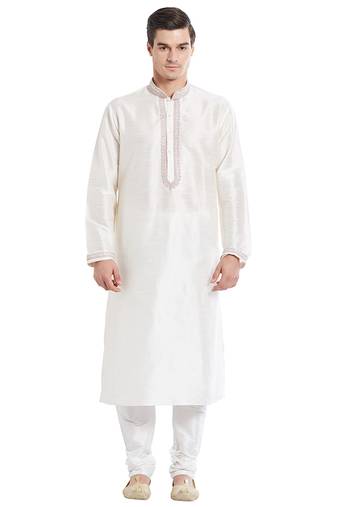 Cream art silk straight embroidery kurta for men's