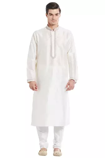 Cream art silk straight embroidery kurta for men's