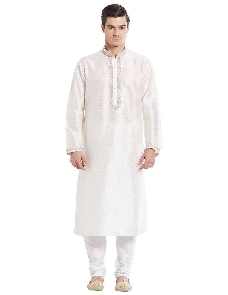 Cream art silk straight embroidery kurta for men's