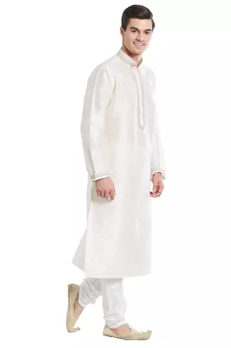 Cream art silk straight embroidery kurta for men's