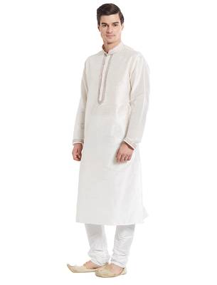 Cream Art silk straight embroidery kurta for men's 3