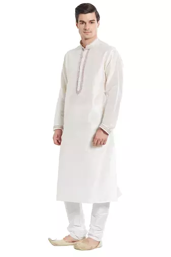 Cream art silk straight embroidery kurta for men's