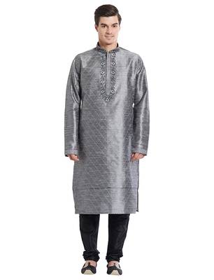 Grey Art silk straight embroidery kurta for men's 1