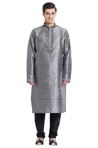 Grey art silk straight embroidery kurta for men's