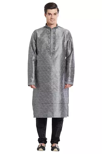 Grey art silk straight embroidery kurta for men's