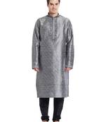 Grey art silk straight embroidery kurta for men's