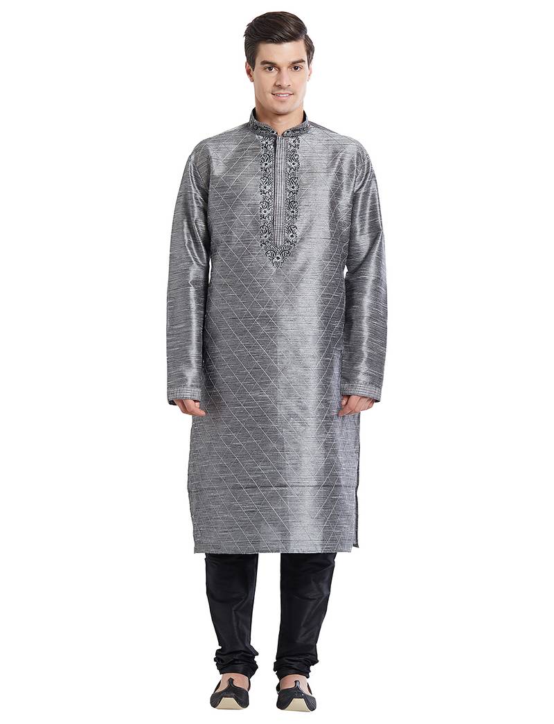 Grey art silk straight embroidery kurta for men's