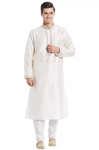 Cream art silk straight embroidery kurta for men's