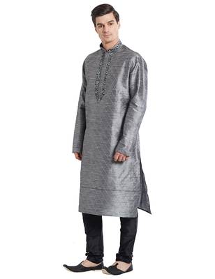 Grey Art silk straight embroidery kurta for men's 2