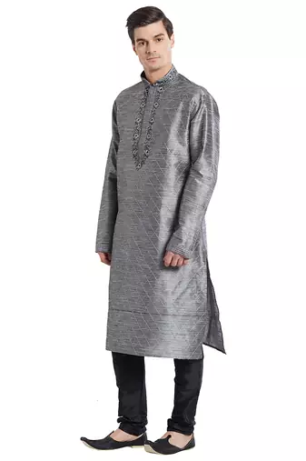 Grey art silk straight embroidery kurta for men's