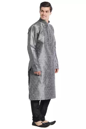 Grey art silk straight embroidery kurta for men's