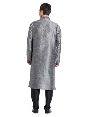 Grey Art silk straight embroidery kurta for men's 4