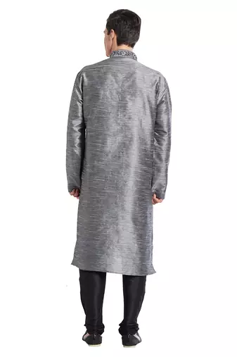 Grey art silk straight embroidery kurta for men's
