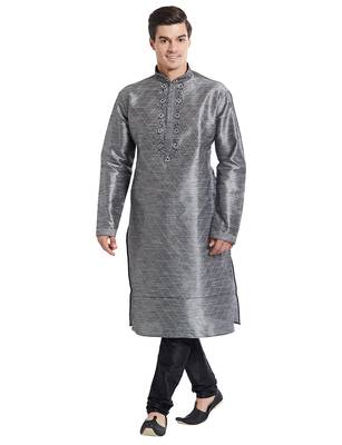 Grey Art silk straight embroidery kurta for men's 5
