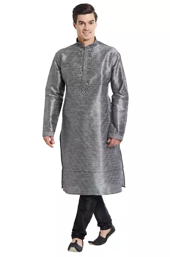 Grey art silk straight embroidery kurta for men's