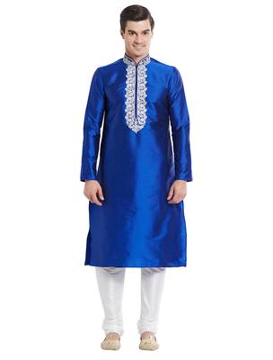 Blue Art silk straight embroidery kurta for men's 1