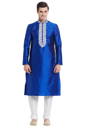 Blue art silk straight embroidery kurta for men's