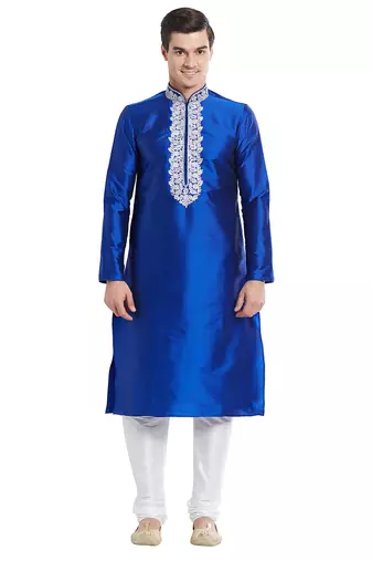 Blue art silk straight embroidery kurta for men's