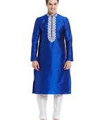 Blue art silk straight embroidery kurta for men's