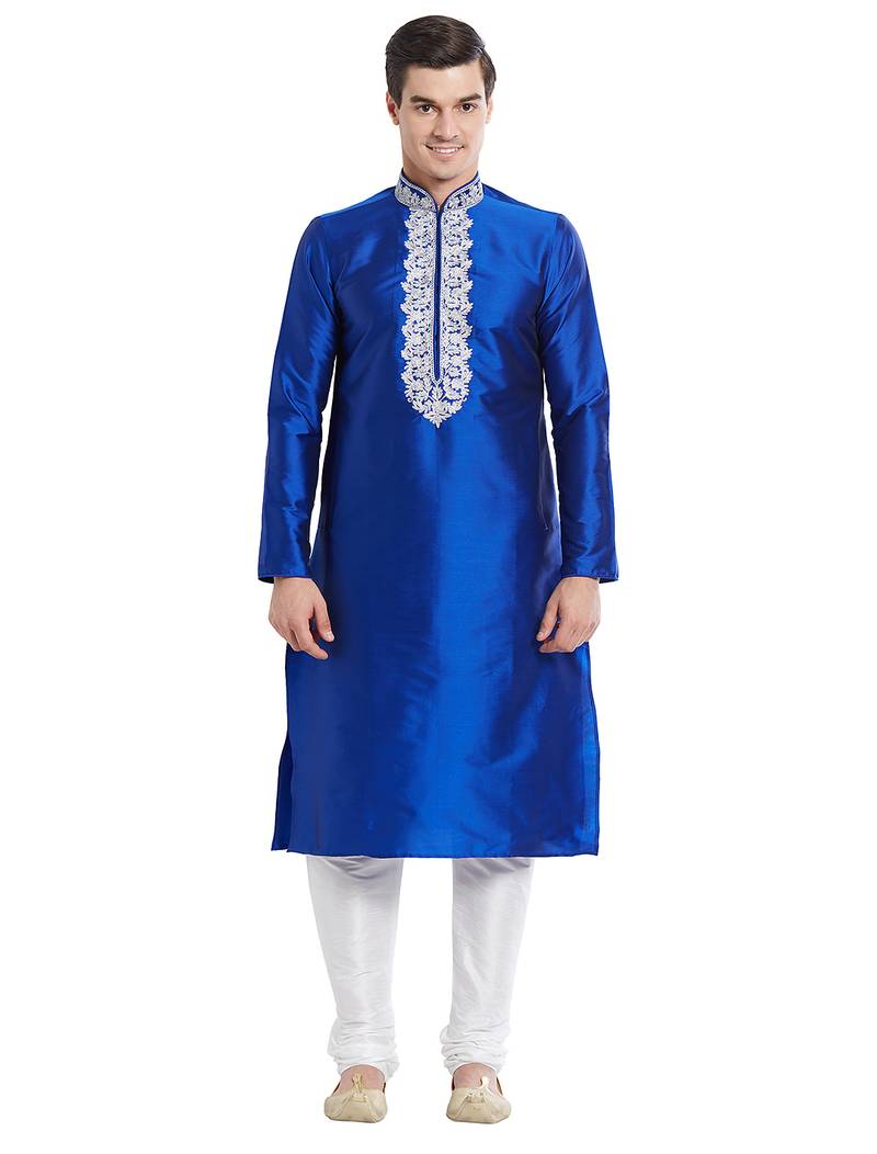 Blue art silk straight embroidery kurta for men's