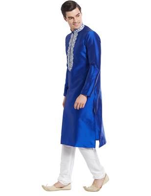 Blue Art silk straight embroidery kurta for men's 2