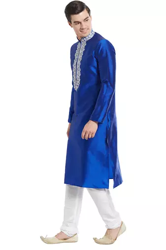 Blue art silk straight embroidery kurta for men's