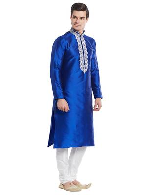 Blue Art silk straight embroidery kurta for men's 3