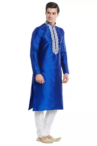 Blue art silk straight embroidery kurta for men's