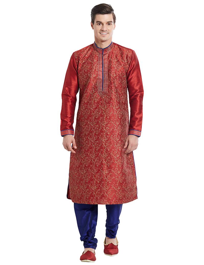 Maroon art silk straight embroidery kurta for men's