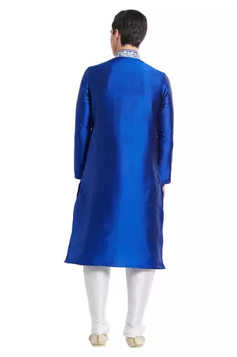 Blue art silk straight embroidery kurta for men's