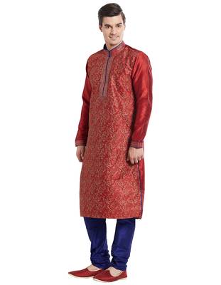 Maroon Art silk straight embroidery kurta for men's 2