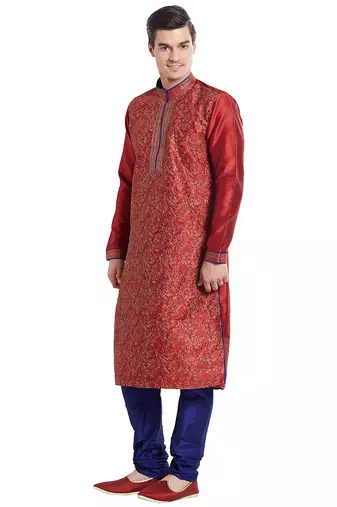 Maroon art silk straight embroidery kurta for men's