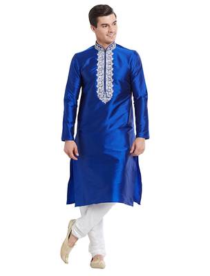 Blue Art silk straight embroidery kurta for men's 5