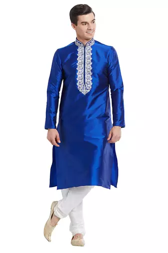 Blue art silk straight embroidery kurta for men's