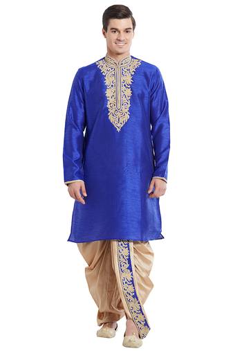 Blue art silk straight embroidery kurta for men's
