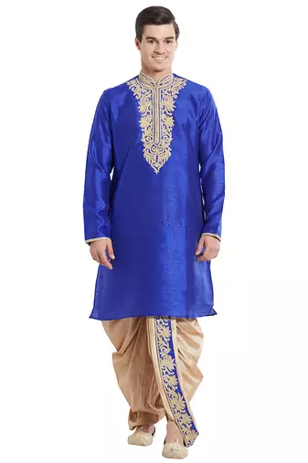 Blue art silk straight embroidery kurta for men's