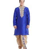 Blue art silk straight embroidery kurta for men's