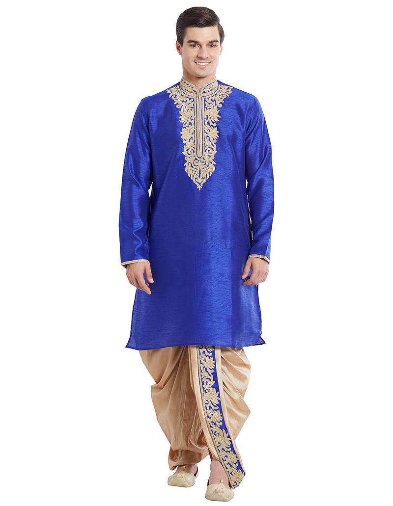 Blue art silk straight embroidery kurta for men's