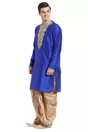 Blue art silk straight embroidery kurta for men's