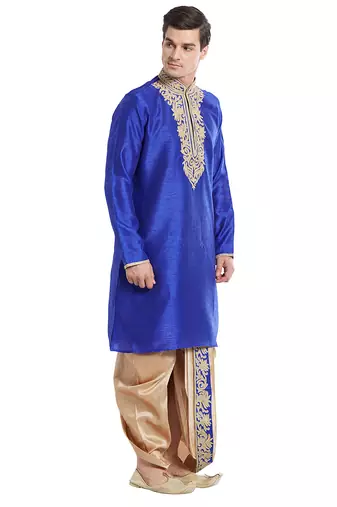 Blue art silk straight embroidery kurta for men's
