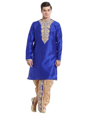 Blue Art silk straight embroidery kurta for men's 5