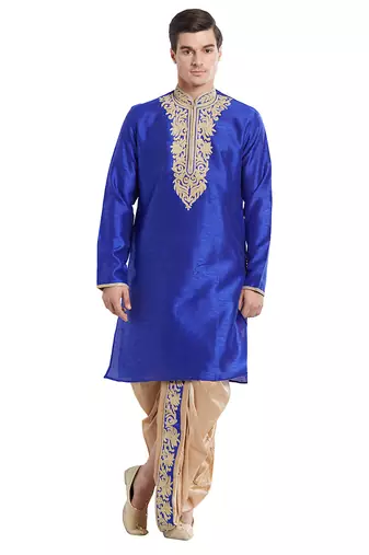 Blue art silk straight embroidery kurta for men's