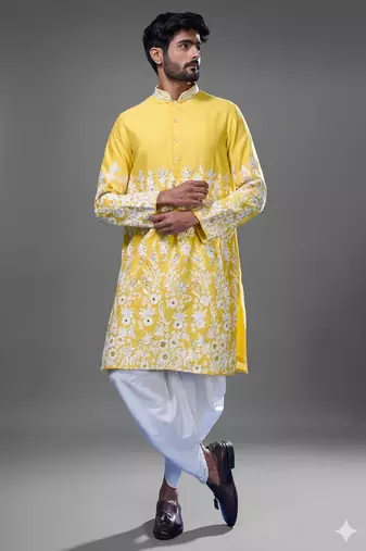 Yellow silk straight embroidery, mirror yellow silk embroidery, mirrors floral and work kurta pant set