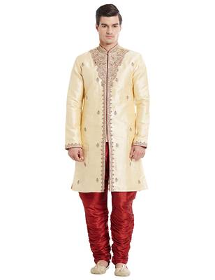 Gold silk blend straight embroidery with handwork indisherwani for men's 1