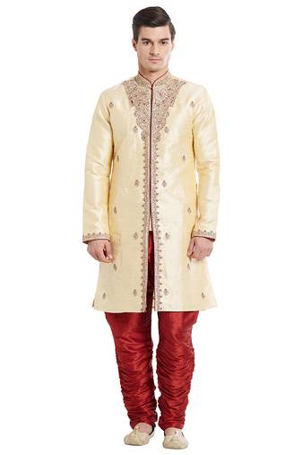 Gold silk straight embroidery with handwork indisherwani for men's