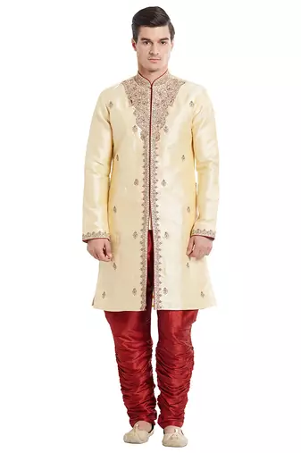 Gold silk straight embroidery with handwork indisherwani for men's