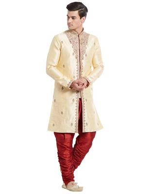 Gold silk blend straight embroidery with handwork indisherwani for men's 2